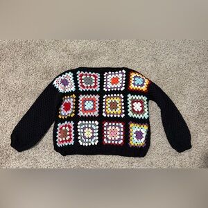 Black Crochet Granny-Square Crewneck Sweater